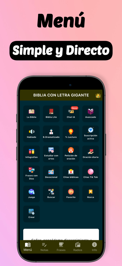 Biblia Con Letra Gigante - Main menu of the Biblia Con Letra Gigante mobile app showing spiritual and study features