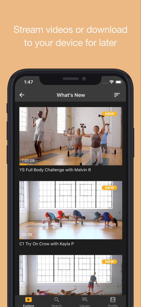 CorePower Yoga On Demand - CorePower Yoga On Demand app interface displaying a list of new workout classes for streaming and download