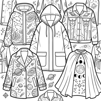 Explore a galaxy of style with this unique coloring page featuring various outerwear pieces, from jackets to capes, all adorned with captivating celestial designs. Bring stars, planets, and constellations to life with your favorite colors.