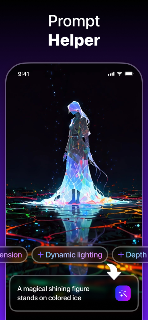 AI image generator app interface featuring a prompt helper and a generated glowing figure artwork