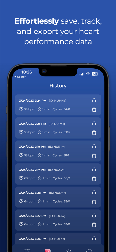 HeartScan: Heart Rate Monitor - El registro de historial de la aplicación HeartScan muestra mediciones de frecuencia cardíaca y funciones de exportación de datos