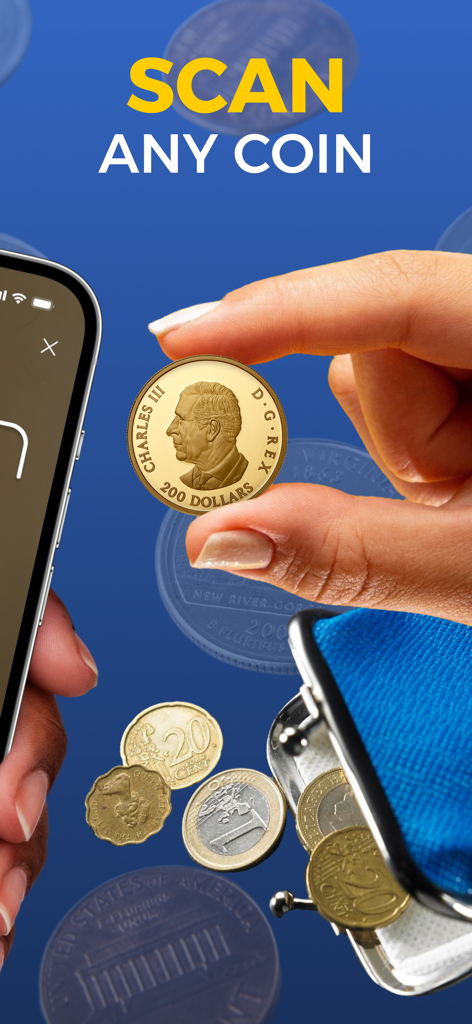Coin Scanner & Identifier App - Una persona sosteniendo una moneda de oro frente a un smartphone con el texto Escanea Cualquier Moneda.