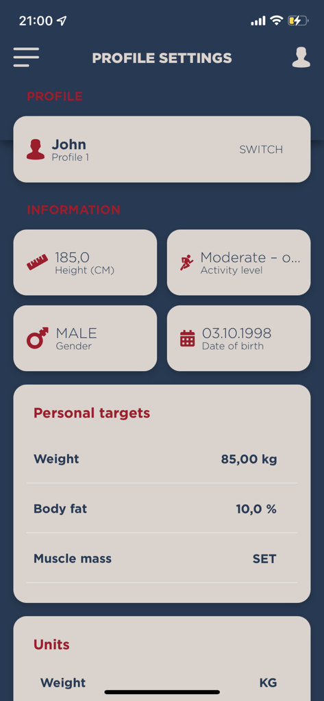 My TANITA – Healthcare App - User profile settings in the My TANITA app showing personal health information and fitness targets