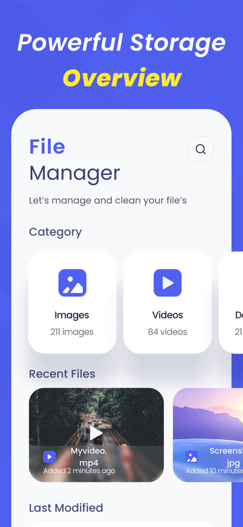 Free Space - Storage Manager - File manager dashboard of the Free Space app showing storage categories for images and videos