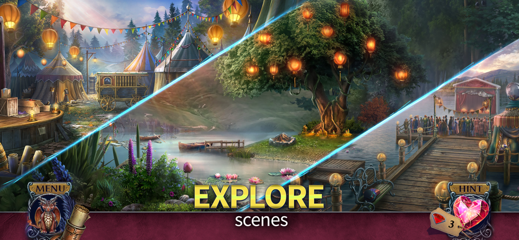 Sparkle of Talent (F2P) - Montage of various game locations including a circus camp, a lantern-lit tree by a lake, and a crowded pier at night.