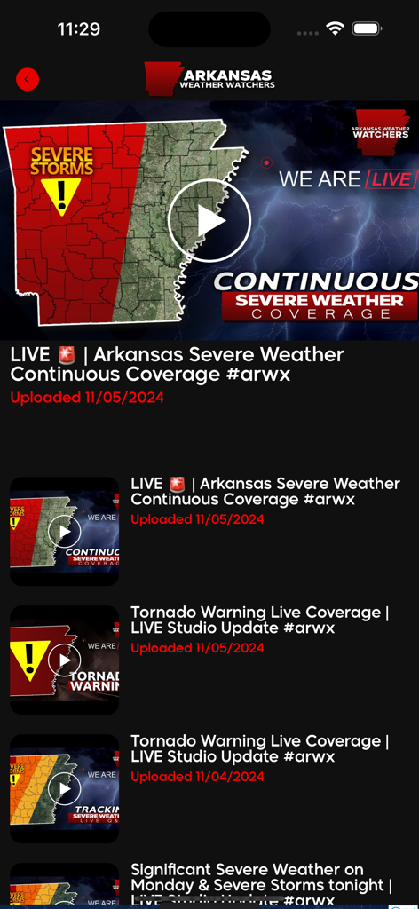 AR Weather Watchers - Arkansas Weather Watchers app screen displaying live severe weather coverage and tornado warning video updates