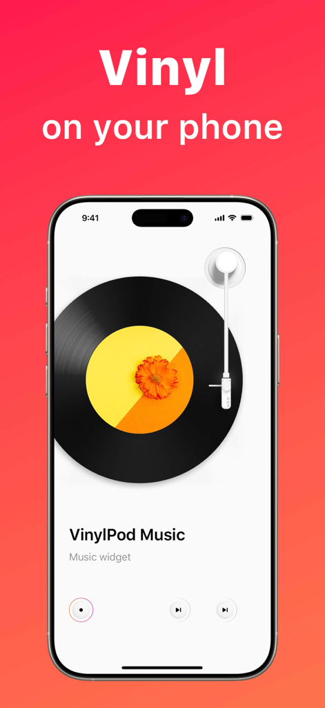 A music widget on an iPhone displaying a spinning vinyl record player interface