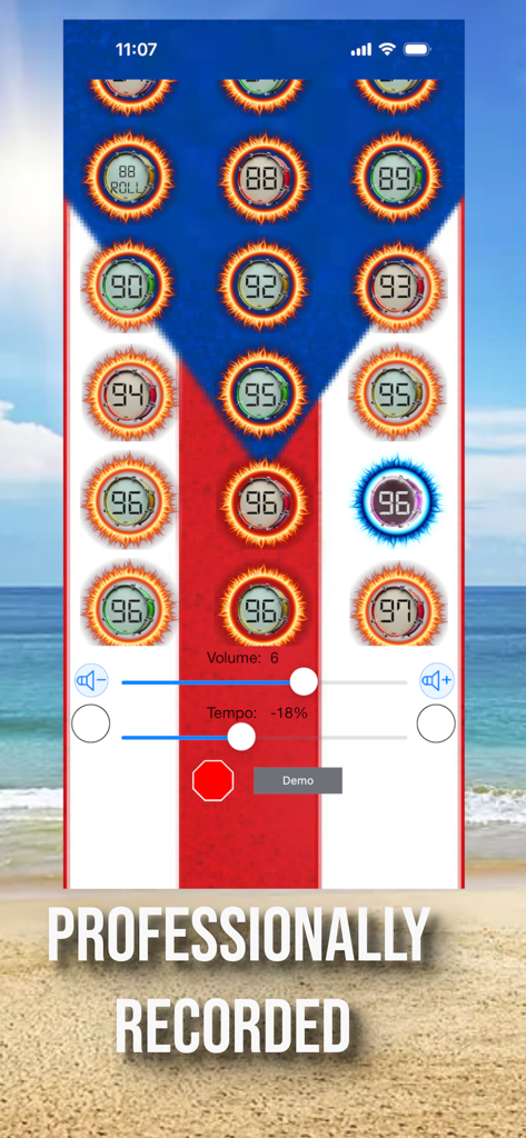Reggaeton Roots Drum Loops - Reggaeton Roots Drum Loops app interface featuring beat selections and tempo controls on a Puerto Rican flag background.