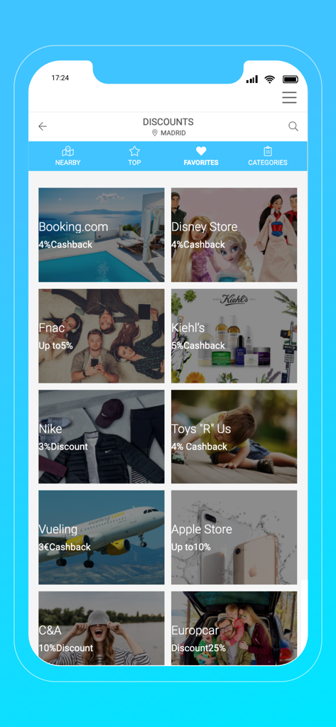 다양한 브랜드 할인 및 캐시백 혜택을 보여주는 IBenefits 모바일 앱 인터페이스