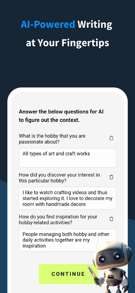 Writing AI - Essay Assistant - Mobile app screen showing a questionnaire for the AI writing assistant