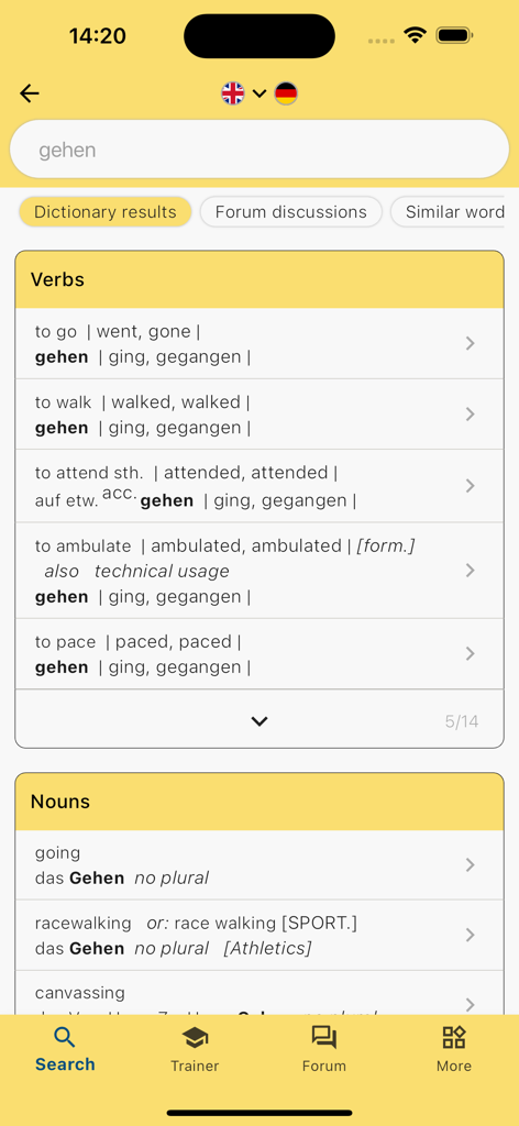 Screenshot of the LEO Dictionary app showing English translations for the German verb gehen