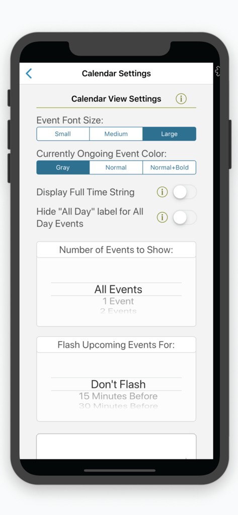 Clocke - Interface mostrando opções de personalização de calendário e configurações de tamanho de fonte no aplicativo Clocke
