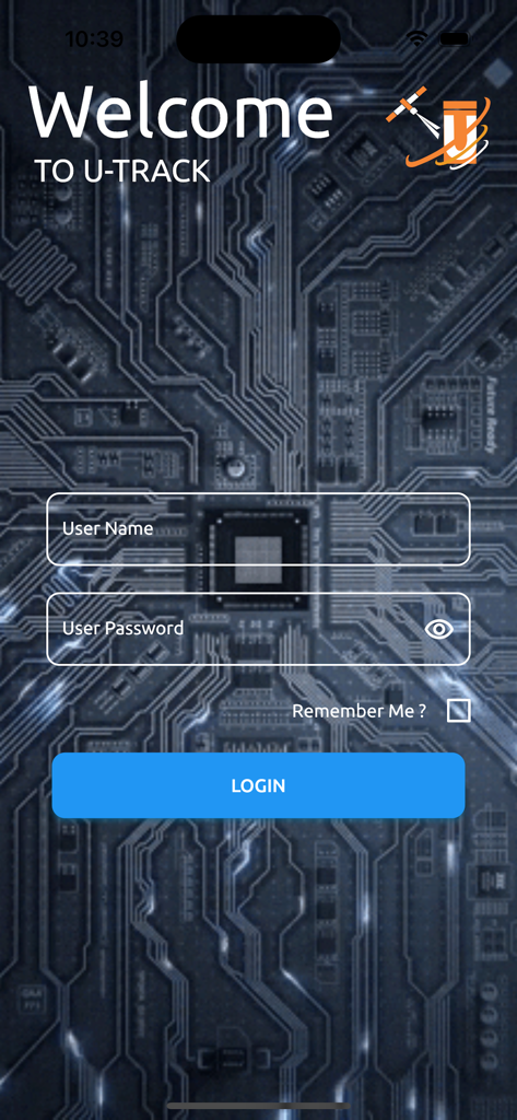 Login screen for U Track Pro vehicle tracking app featuring username and password inputs.