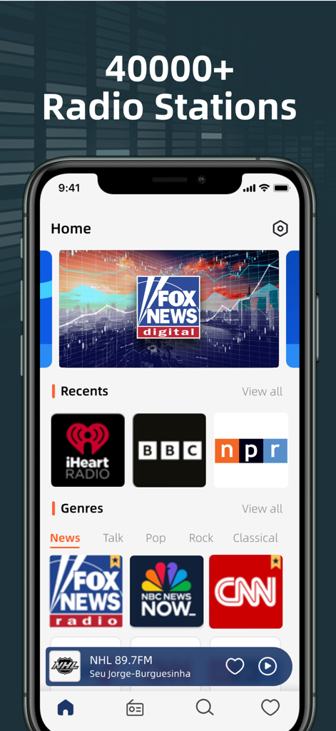 Tela inicial do aplicativo Sintonizador de Rádio FM com estações de rádio populares de notícias e talk shows como Fox News, BBC e NPR.