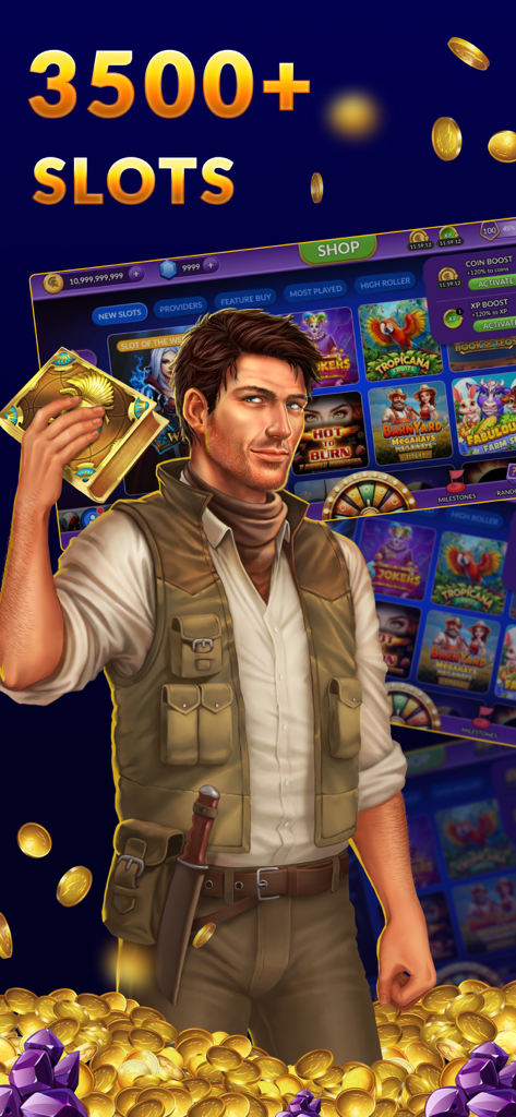 SpinArena Slots: Online Casino - SpinArena Slots app showcasing over 3500 slot games and an adventurer character.