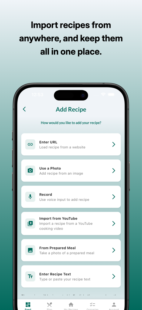 My Meals app screen showing options to import recipes from URLs, YouTube, photos, and voice recordings.