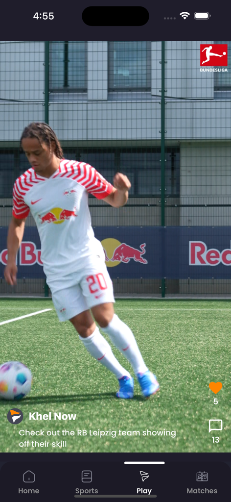 A screenshot of the Khel Now app showing a short video of an RB Leipzig football player on the field.