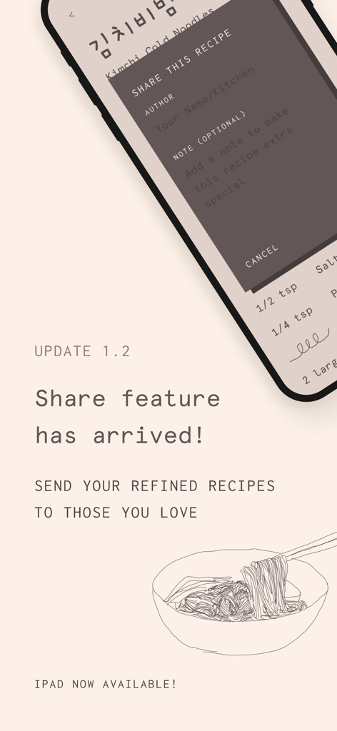 Promotional image for Mise app update 1.2 highlighting the new recipe share feature and iPad compatibility with a minimalist aesthetic.