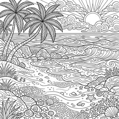 Dive into relaxation with this exquisite white sand beach coloring page, brimming with intricate details from swaying palm trees to gentle ocean waves. It's the perfect escape to a tropical paradise, waiting for your creative touch to bring it to life.