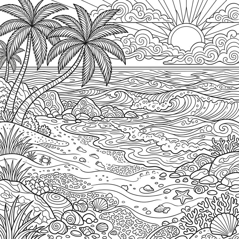 Dive into relaxation with this exquisite white sand beach coloring page, brimming with intricate details from swaying palm trees to gentle ocean waves. It's the perfect escape to a tropical paradise, waiting for your creative touch to bring it to life.