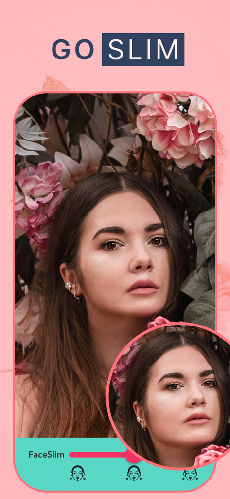 GoSexy - Face and Body Editor - Interface of the GoSexy app showing the FaceSlim feature with a slider for facial retouching and a before-and-after preview