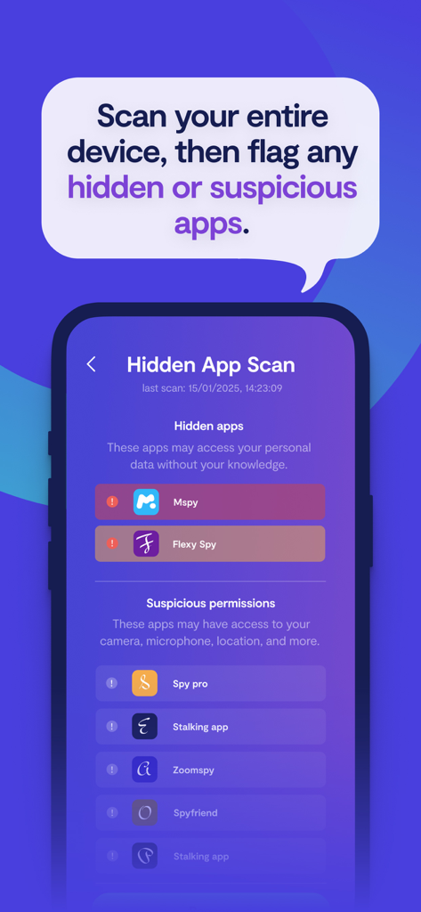 Smartphone screen showing the Clario AntiSpy hidden app scan identifying suspicious software