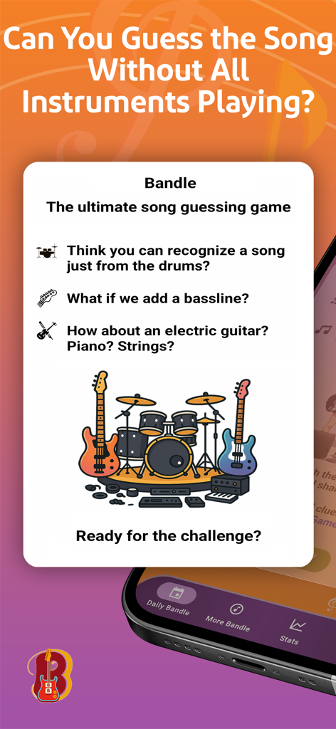 Bandle: Guess The Song Game - A screenshot of the Bandle app explaining the song guessing challenge using drums, bass, and guitar.