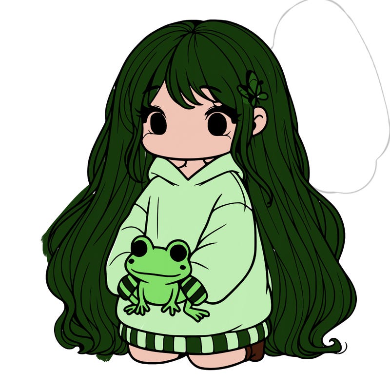 girl with long hair wearing an oversized shirt holding a frog