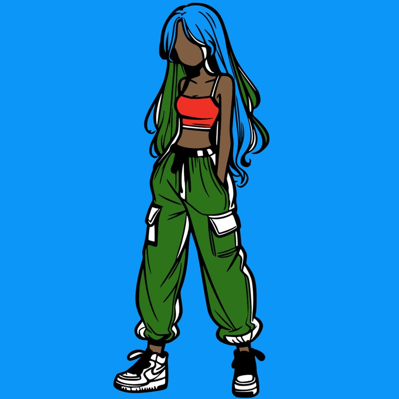 girl in baggy pants crop top and long hair