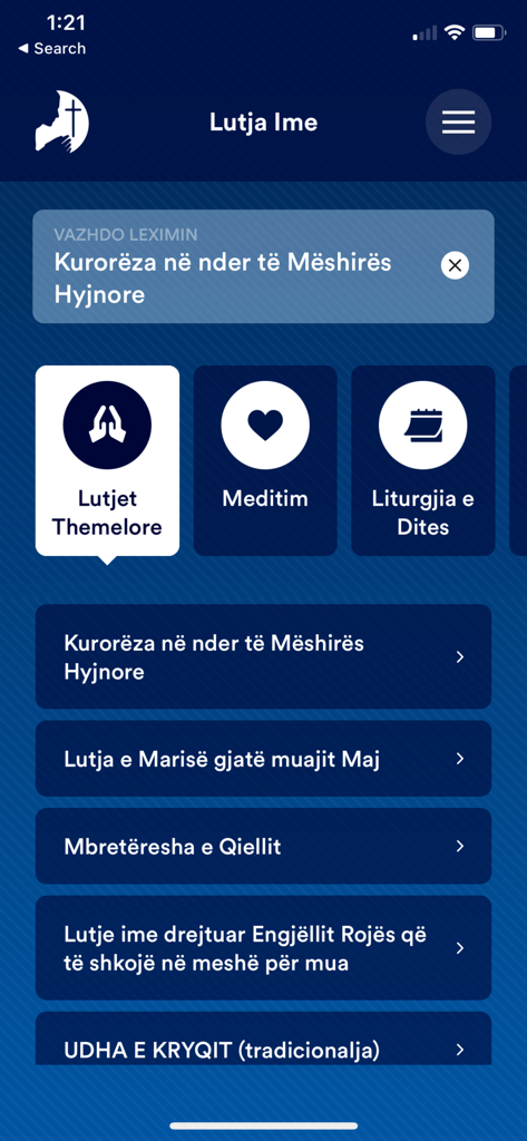 Lutja Ime - Lutja Ime app home screen showing categories for basic prayers and daily liturgy in Albanian