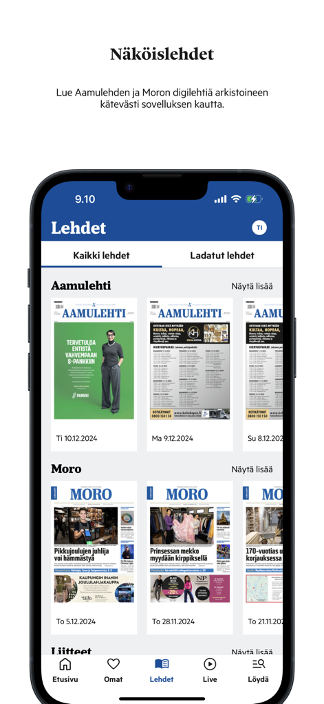 Aamulehti - Aamulehti mobile app showing digital newspaper editions and archive library for Finnish news.