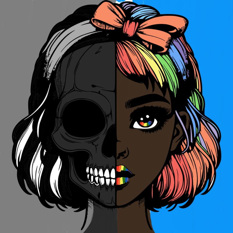 realistic girl with half skull mask