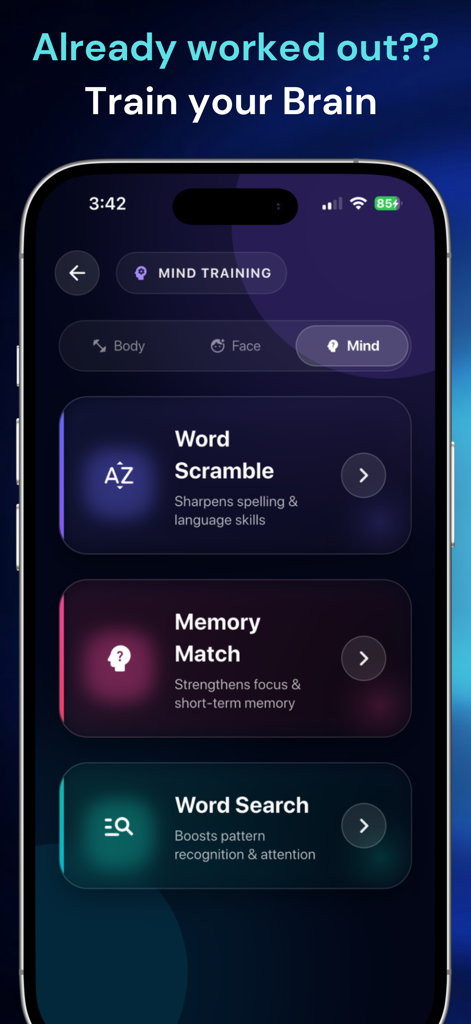 SweatPass: Earn Screen Time - SweatPass app interface showing Mind Training options including Word Scramble Memory Match and Word Search to earn screen time