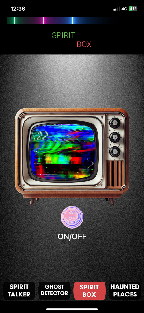 Spirit Whisper - Ghost Talker - The Spirit Box feature of the Spirit Whisper app showing a vintage television with colorful static.
