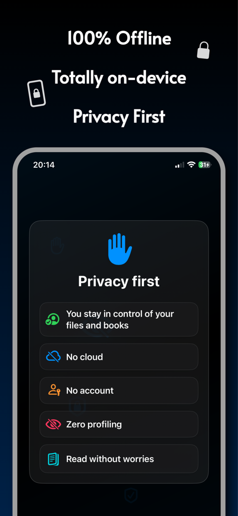 Pantalla de la aplicación VoiceReader que muestra funciones de privacidad primero como uso sin conexión y sin datos en la nube
