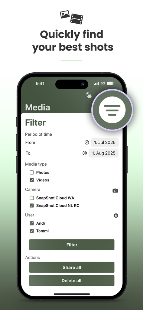 Media filter interface in the Dorr Cloud app for sorting trail camera photos and videos by date, type, camera, and user.