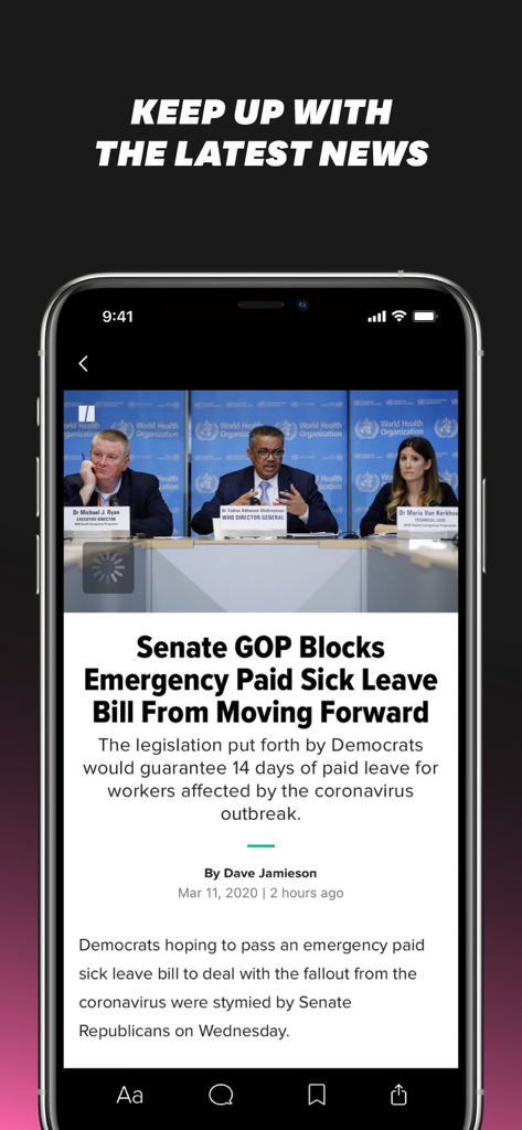HuffPost app interface showing a news article about a Senate GOP vote on a mobile phone.