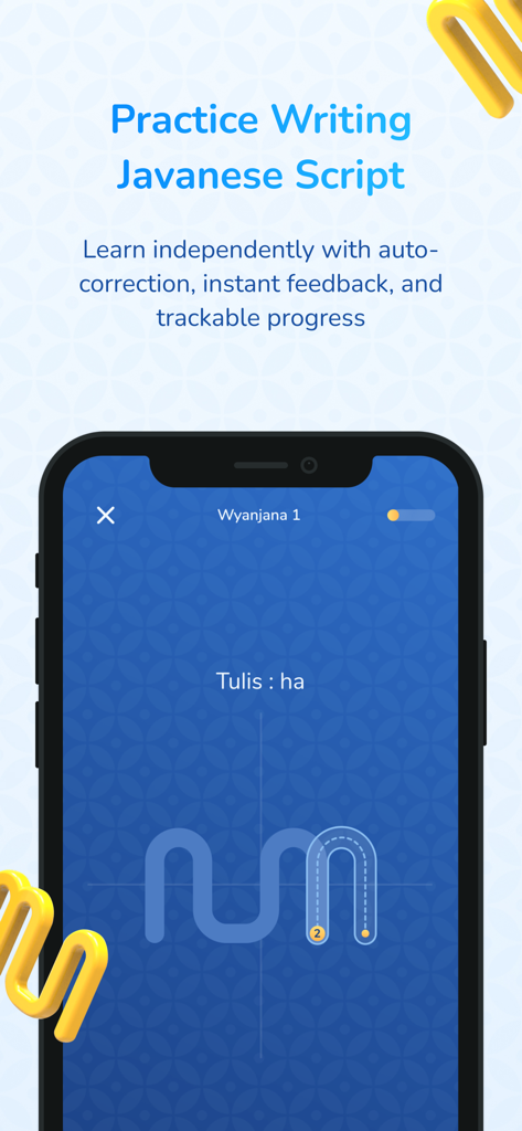 Interface of the Aksaraya app showing a practice lesson for writing the Javanese script character ha with guided strokes