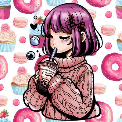 manga girl drinking boba in cozy sweater