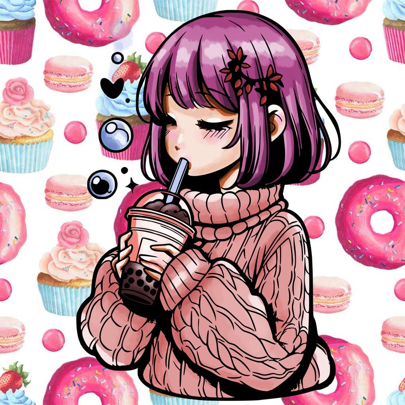 manga girl drinking boba in cozy sweater