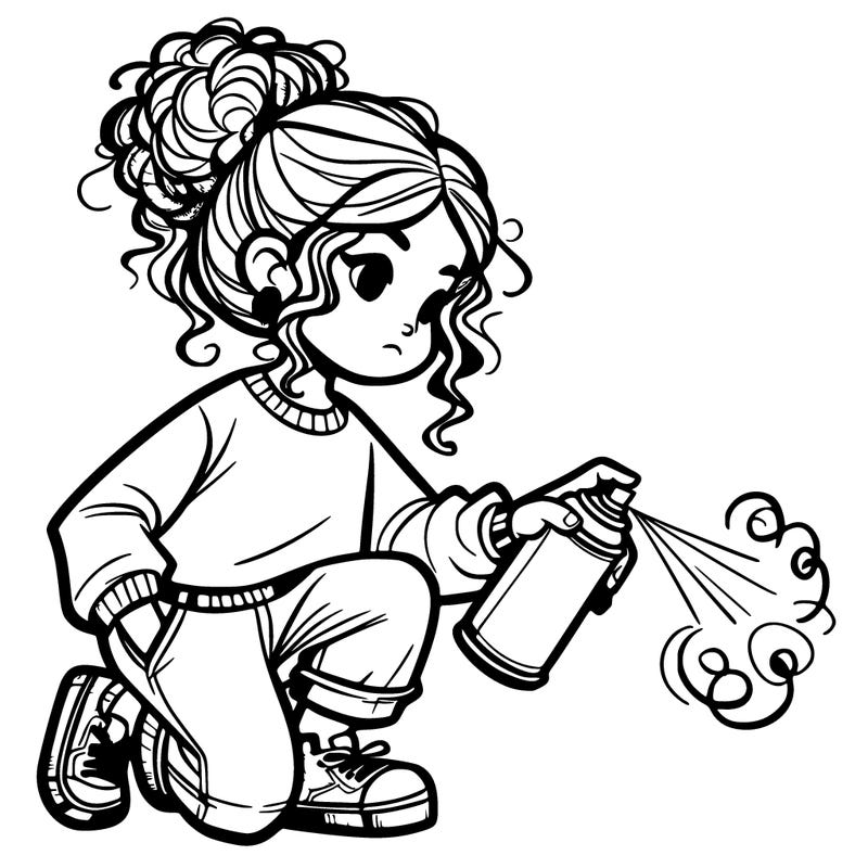 pretty girl with curly hair in a messy bun with jeans and baggy shirt, spray painting