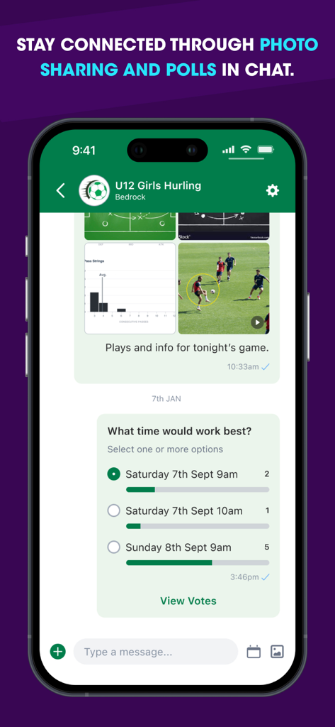 ClubZap - ClubZap mobile app team chat interface featuring a scheduling poll and shared photos for a sports club