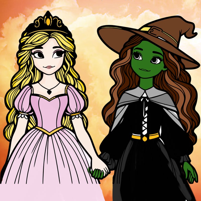 a princess and a witch holding hands realistic