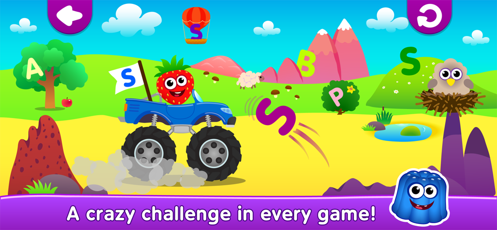 Schermata interattiva di gioco di apprendimento ABC con personaggi di cibo divertente e una lettera A oscillante