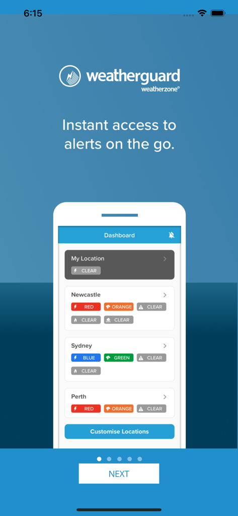 Weatherguard - Weatherguard app dashboard displaying color-coded weather alert statuses for various operational locations