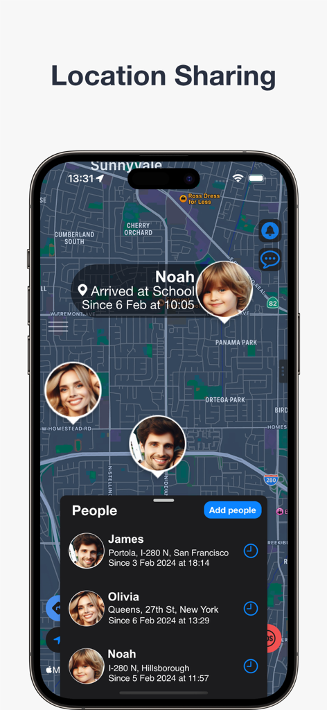 Interface do aplicativo Findie exibindo as localizações dos membros da família em um mapa com detalhes de rastreamento e notificações