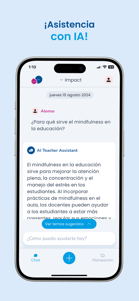 AI Teacher Assistant - Chat-Oberfläche der KI-Lehrerassistent-App, die eine Bildungsfrage zur Achtsamkeit beantwortet.