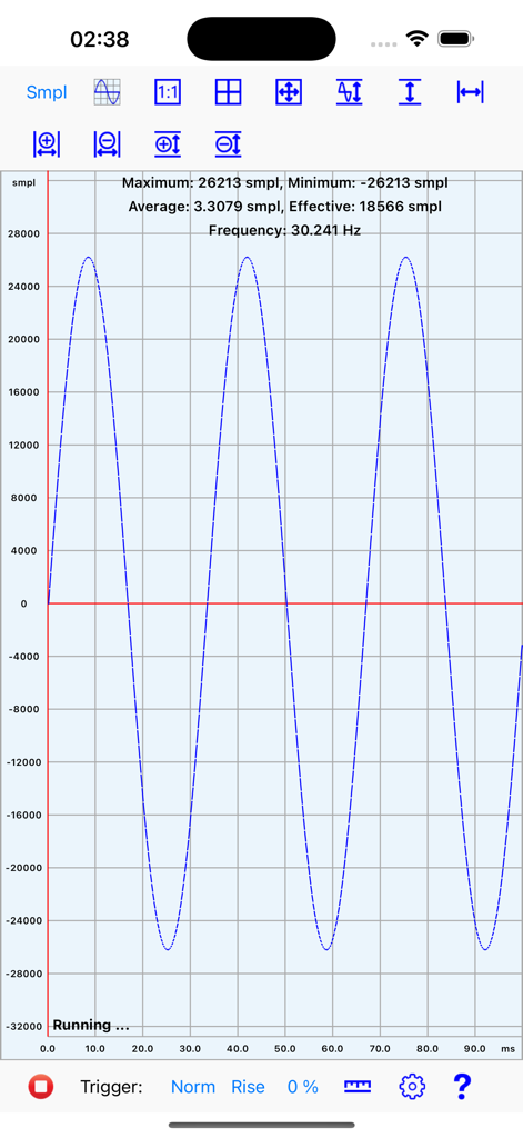 Mobile Oscilloscope - 모바일 오실로스코프 앱 화면에 파란색 사인파와 기술적인 신호 측정값이 표시됩니다.