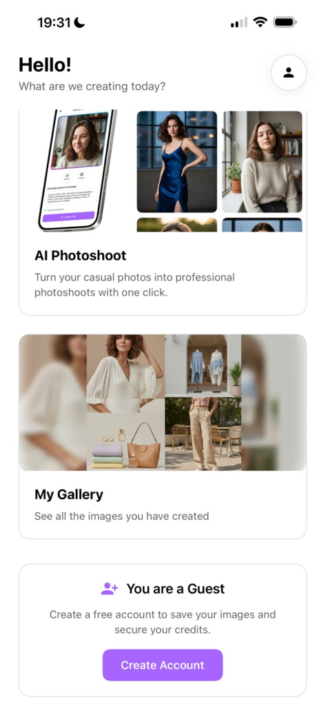 GenLook AI app home screen showing AI Photoshoot and My Gallery options for fashion creators
