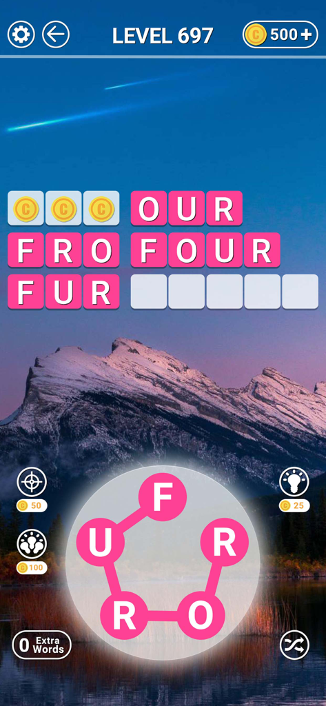 Ein Word Connect Puzzle-Spielbildschirm, der Buchstabenkacheln und ein Wortrad vor einem malerischen Bergsonnenuntergang zeigt.